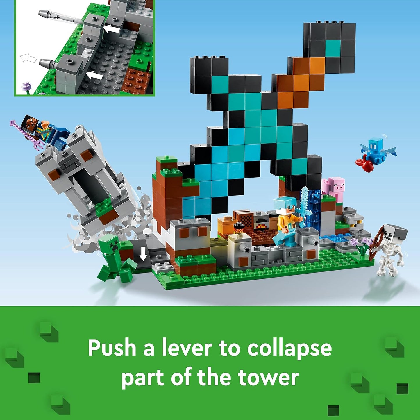 LEGO 21244 Minecraft The Sword Outpost Building Toy para crianças, com figuras de trepadeira, soldado, porco e esqueleto, presente para meninos e meninas com mais de 8 anos 21244