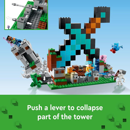 LEGO 21244 Minecraft The Sword Outpost Building Toy para crianças, com figuras de trepadeira, soldado, porco e esqueleto, presente para meninos e meninas com mais de 8 anos 21244