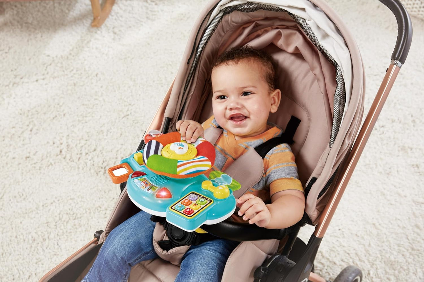 VTech Baby Beep Beep Baby Driver, brinquedo de volante com atividades, músicas e frases, 6 botões interativos, recursos manipulativos e texturas, para bebês de 3, 6, 9, 12, 24 meses +, versão em inglês