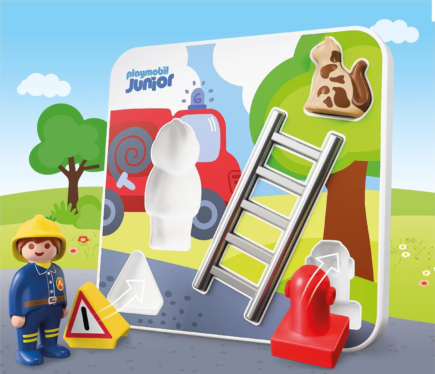 Playmobil | JUNIOR | JUNIOR: Quebra-cabeça de Bombeiro | Quebra-cabeça de madeira com bombeiro, gato e acessórios | Para crianças a partir de 1 ano | 72088