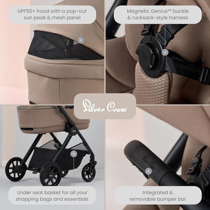 Silver Cross - Conjunto definitivo de carrinho Reef 2, alcofa dobrável para primeira cama, pacote de acessórios e assento e base para carro Dream i-Size - Sistema de viagem para conforto em todo o terreno - Recém-nascido a 4 anos (22 kg)