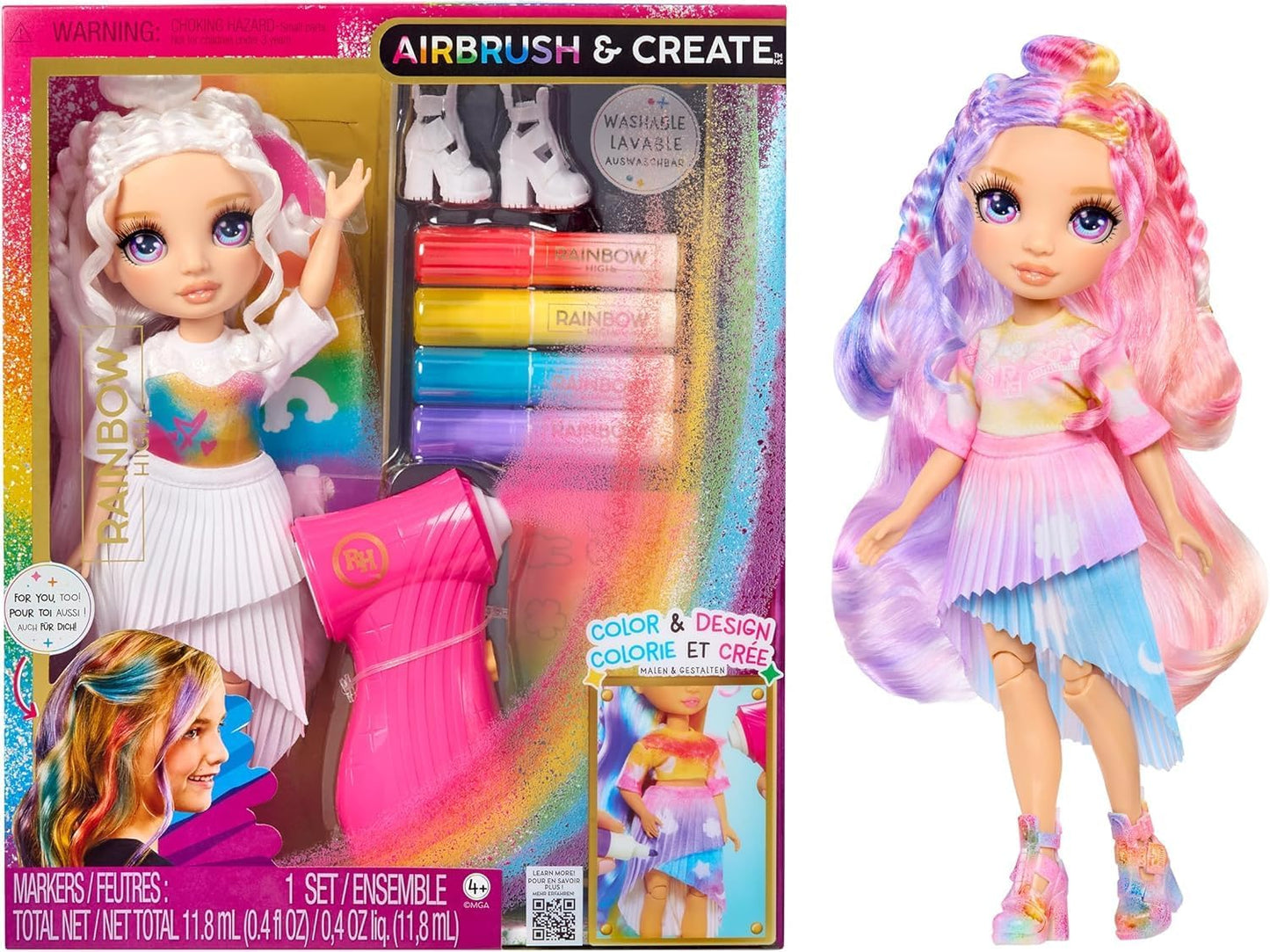 Rainbow High Air Brush & Create - 1 boneca fashion faça você mesmo com kit de aerógrafo, marcadores laváveis com efeito arco-íris, cabelo comprido, olhos roxos, brincadeira criativa para crianças de 4 a 12 anos ou mais.