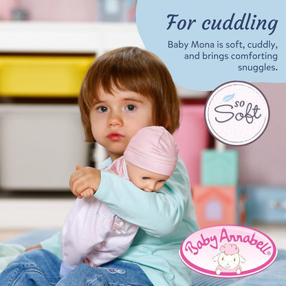 Baby Annabell Boneca Mona de 30 cm, macia e com corpo flexível, que fecha os olhos e acompanha mamadeira, chapéu e macacão. Ideal para crianças a partir de 1 ano de idade.