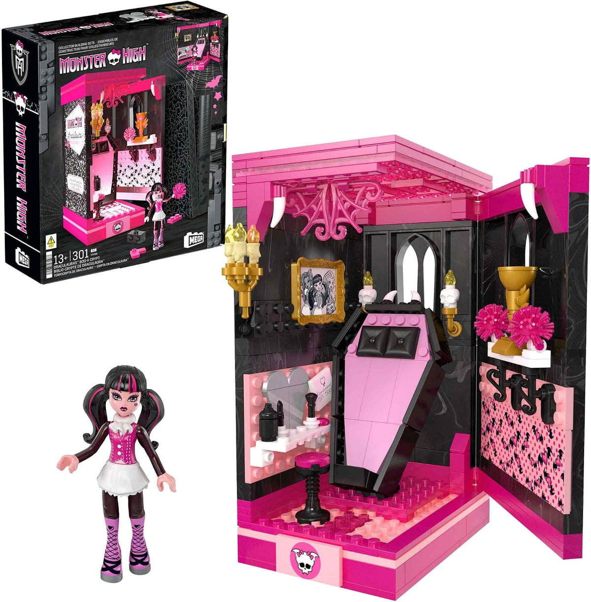 MEGA Conjunto de Montagem Monster High – Cripta "Boo-k" da Draculaura com 301 Peças, Cenário Estilo Livro para Colecionadores, HXJ88