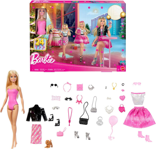 Barbie Calendário do Advento de Natal da com 24 surpresas de roupas e acessórios, incluindo jaqueta, saia, sapatos, bolsas e um cachorrinho de estimação, boneca loira, JFL63