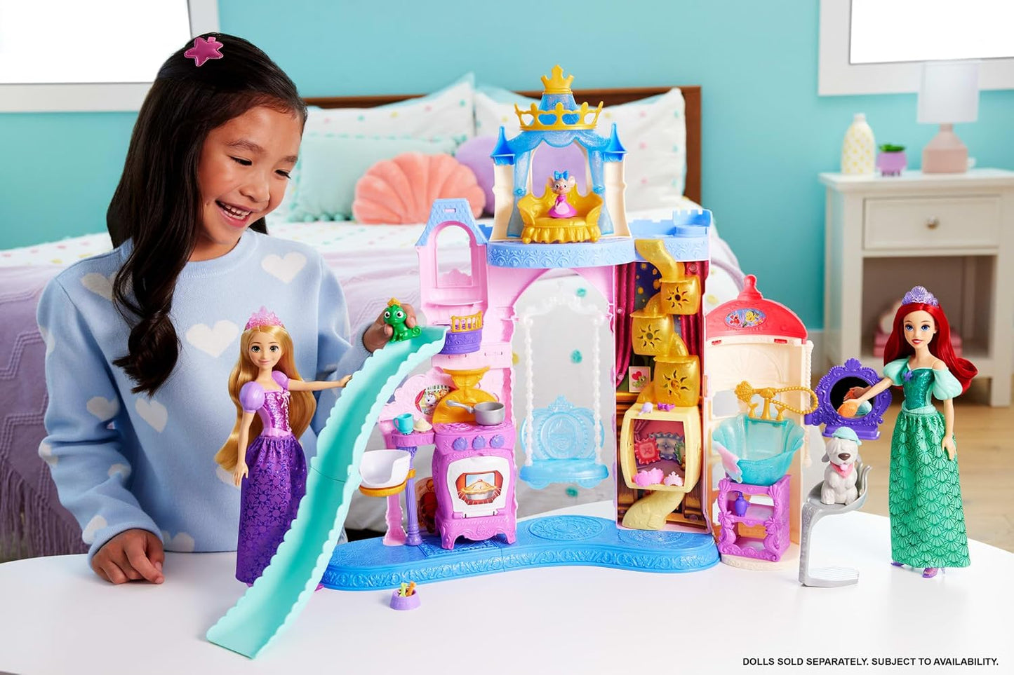 Mattel Conjunto de Brinquedo Castelo dos Pets das Princesas Disney , com mais de 60 cm de altura | 7 áreas de brincar, 3 figuras de animais, móveis e 17 acessórios, Casa de Bonecas Palácio dos Pets, inspirado nos filmes da Disney, JBF96