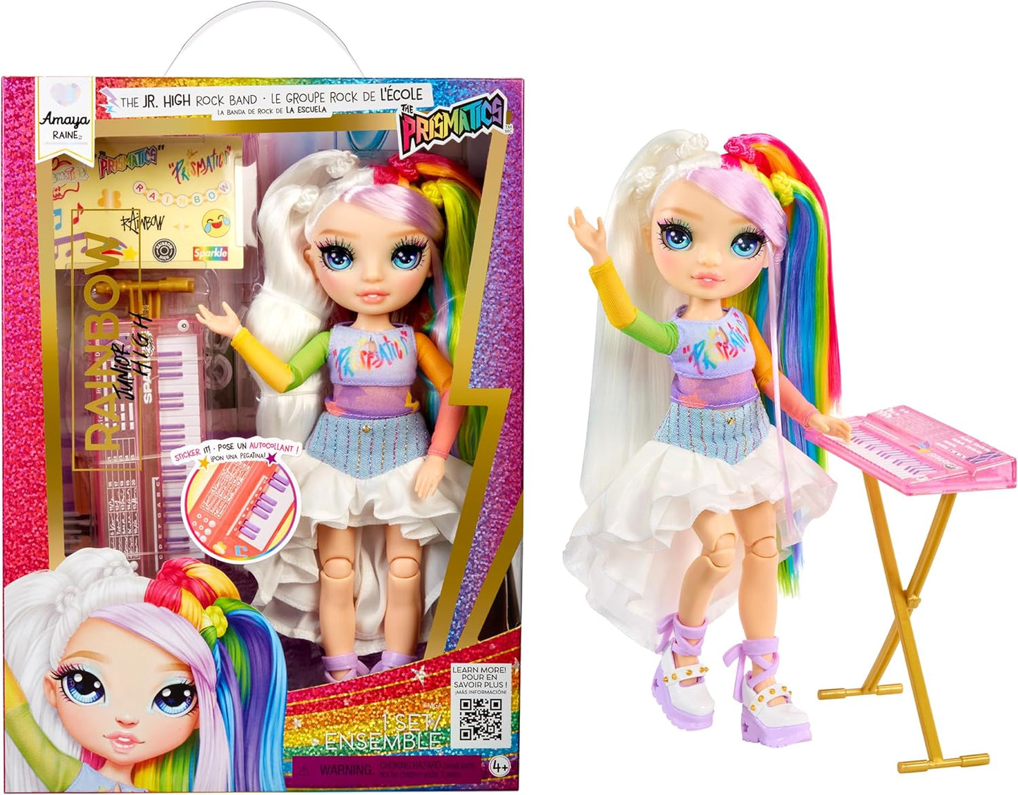 Rainbow High Junior High Rock Band - Amaya, Rainbow - Boneca Fashion de 23cm com Teclado, Personalizável com Adesivos, Articulada, Brinquedo Fofo para Crianças a partir de 4 Anos