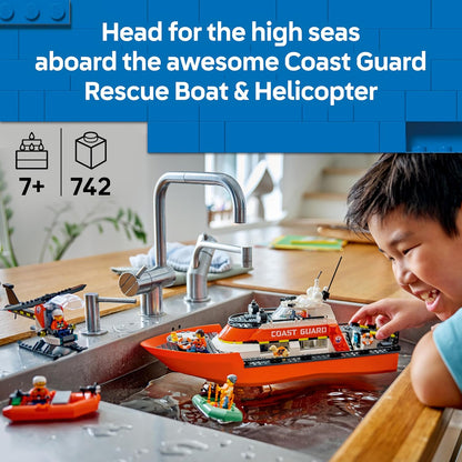 LEGO City Coast Guard Rescue Boat & Helicopter Toy - Emergency Vehicles Playset w/Model Floating Ship, 5 Minifigures & a Dog Figure - Birthday Gift for 7+ Year Old Boys - 60504