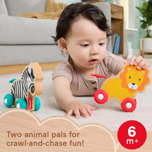 Fisher-Price Brinquedos de madeira para bebês, animais de empurrar, conjunto de 2 veículos de madeira com rodas de silicone para bebês a partir de 6 meses de idade, JFN19