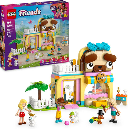 LEGO Conjunto de loja de acessórios para animais de estimação Friends, conjunto de brinquedos de construção de animais com 2 mini bonecas, figuras de cachorro, gato e coelho para brincadeiras imaginativas, presente de aniversário