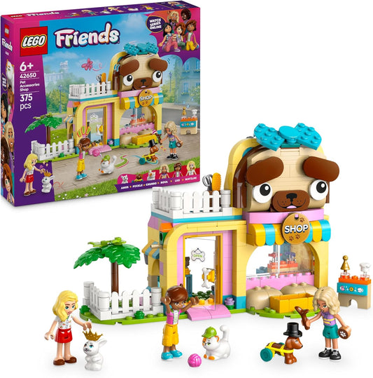 LEGO Conjunto de loja de acessórios para animais de estimação Friends, conjunto de brinquedos de construção de animais com 2 mini bonecas, figuras de cachorro, gato e coelho para brincadeiras imaginativas, presente de aniversário