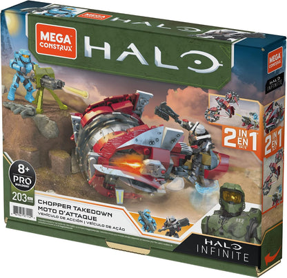 MEGA Conjuntos de Montagem de Veículo Halo Infinite – Moto Chopper Takedown com 2 Microfiguras de Ação Articuladas e Colecionáveis e Acessórios