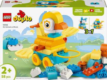 LEGO DUPLO 3 em 1 Animais sobre Rodas - Brinquedo de Construção Educacional com Blocos para Construir um Pato, Peixe ou Cachorro com Rodas e Alça - Presente para Meninas e Meninos a partir de 2 Anos - 10448