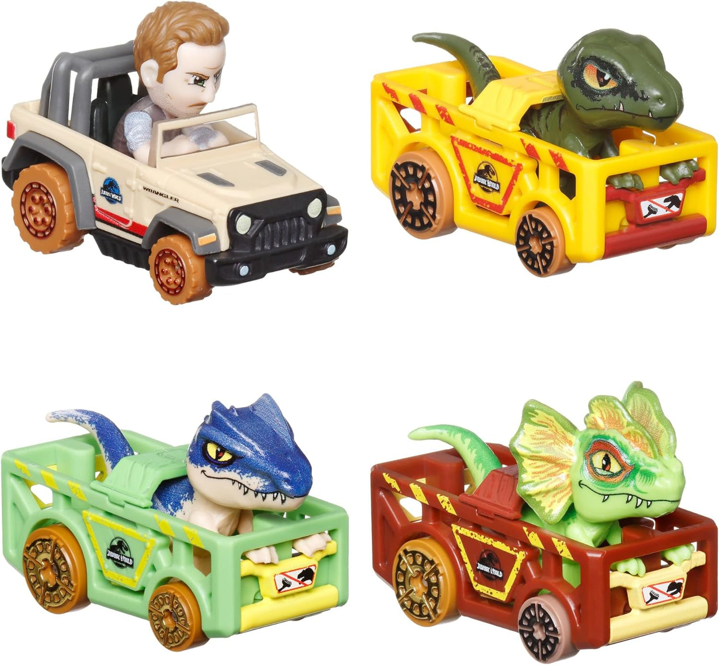 Hot Wheels Carros de brinquedo, RacerVerse 4 pacotes de veículos fundidos apresentando personagens do Jurassic World Charlie, Owen, Dilophosaurus e Allosaurus como motoristas, HKD32