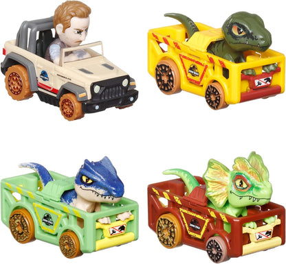 Hot Wheels Carros de brinquedo, RacerVerse 4 pacotes de veículos fundidos apresentando personagens do Jurassic World Charlie, Owen, Dilophosaurus e Allosaurus como motoristas, HKD32