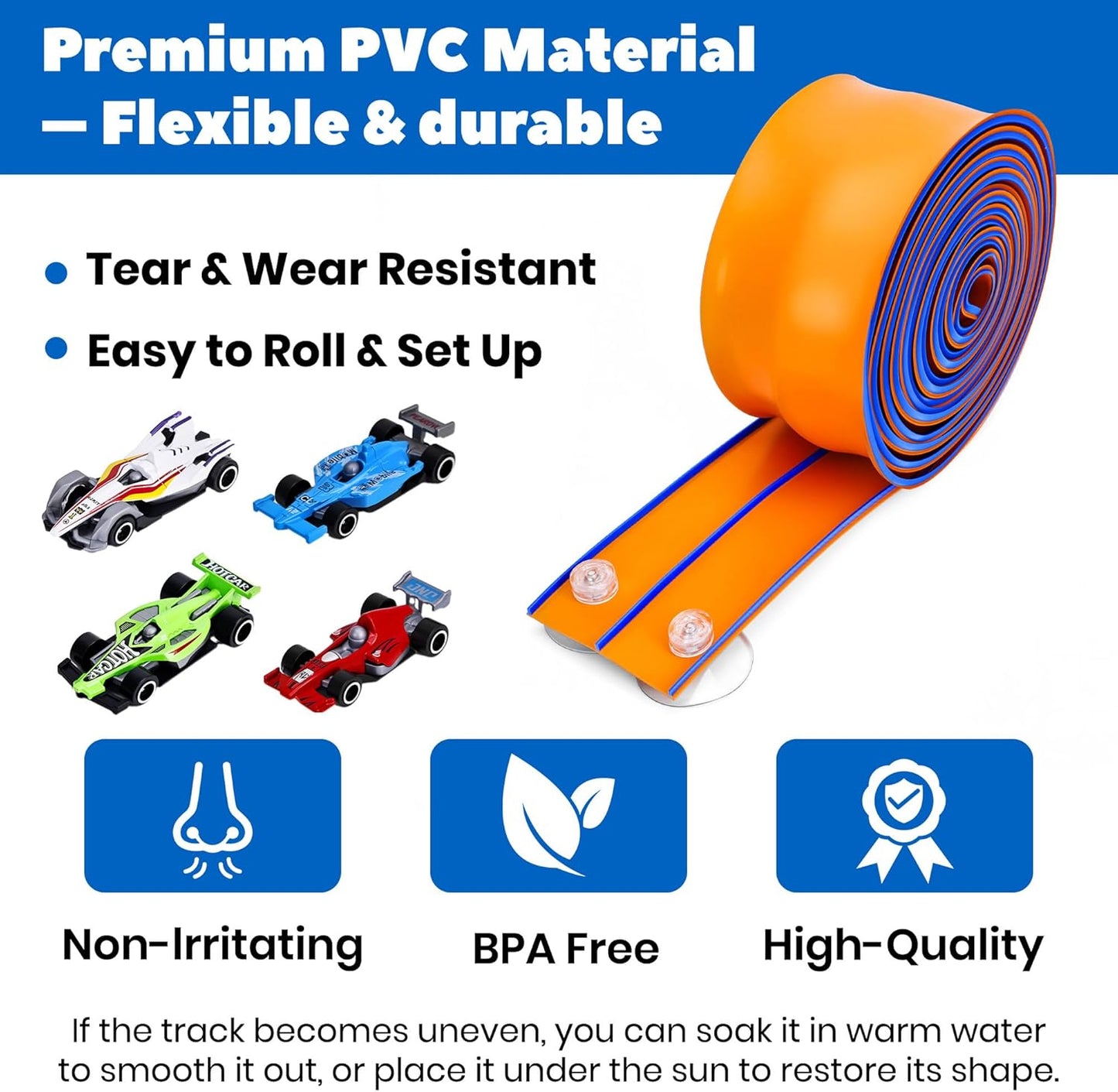 Pista de corrida flexível de 4,5 m para crianças, pista dupla face, compatível com carros de metal fundido na escala 1:64, brinquedo portátil de pista enrolável para meninos de 3 a 8 anos (laranja e azul)
