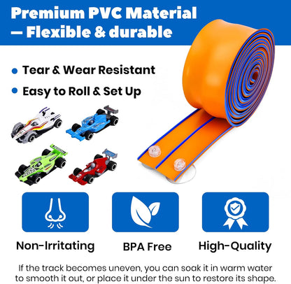 Pista de corrida flexível de 4,5 m para crianças, pista dupla face, compatível com carros de metal fundido na escala 1:64, brinquedo portátil de pista enrolável para meninos de 3 a 8 anos (laranja e azul)
