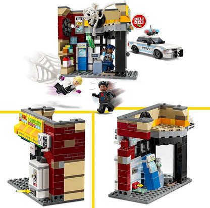 LEGO Marvel Spider-Verse: Miles Morales vs. The Spot - Playset de super-heróis com um carro de brinquedo montável, 4 minifiguras e uma loja - presente de aniversário para meninos e meninas de 9 anos ou mais