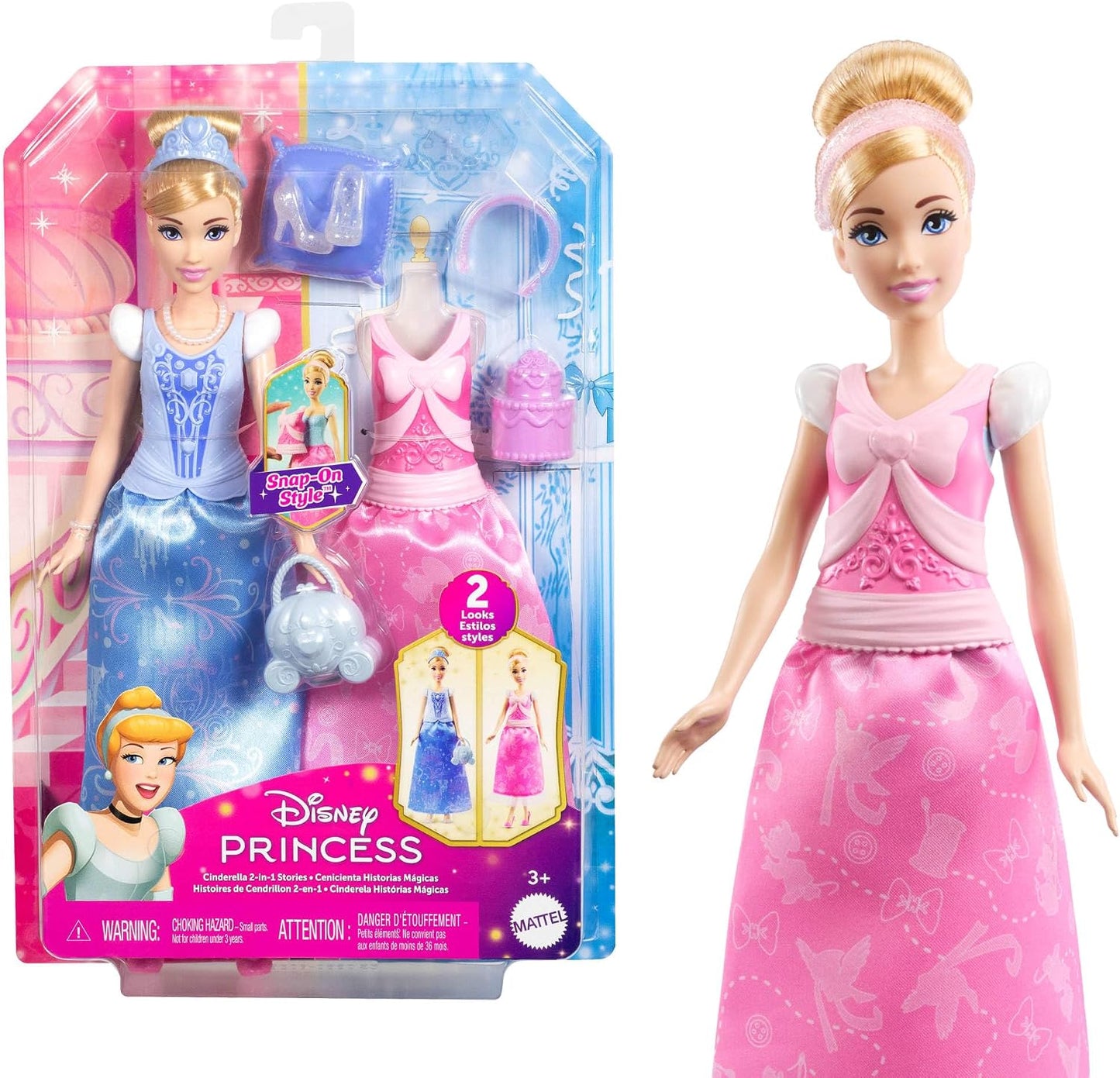 Mattel Boneca de Moda Cinderela Disney Princess da com 2 Visuais para Criar Histórias | Boneca Articulada com 9 Acessórios, 2 Corsetes de Encaixe e 2 Saias, Histórias 2 em 1 Inspiradas no Filme Cinderela da Disney, JCR95