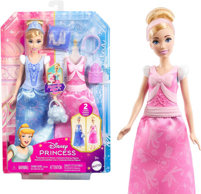 Mattel Boneca de Moda Cinderela Disney Princess da com 2 Visuais para Criar Histórias | Boneca Articulada com 9 Acessórios, 2 Corsetes de Encaixe e 2 Saias, Histórias 2 em 1 Inspiradas no Filme Cinderela da Disney, JCR95