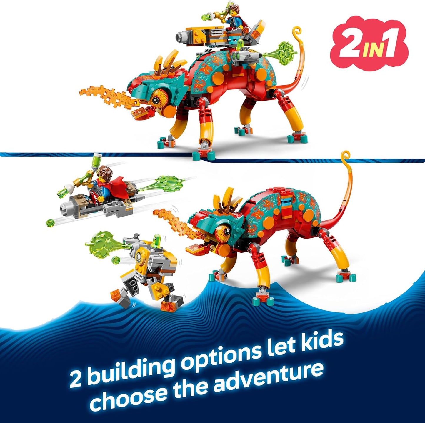LEGO DREAMZzz 2 em 1 O Camaleão de Fogo, figura de fantasia animal de Mateo, se transforma em um robô a jato de brinquedo, conjunto de construção guardião para meninos e meninas a partir de 7 anos, incluindo 2 minifiguras de presente.