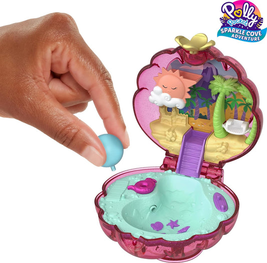 Polly Pocket Dolls e acessórios, Sparkle Beach Shell Compact com Micro Doll & Ocean Pet, Brinquedo de viagem com brincadeira aquática,