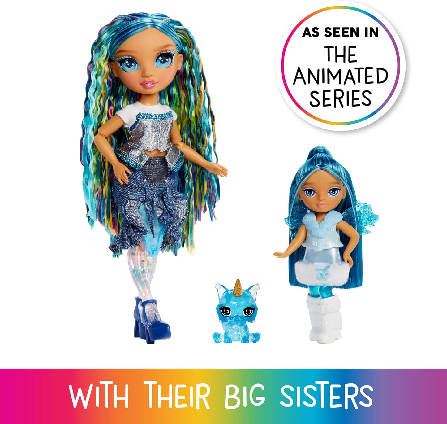 Rainbow High Littles Fadas Fantasia Arco-Íris e Animal de Estimação - Safira, Azul - Boneca pequena articulada de 14 cm e cachorro de estimação fantástico com asas de fada intercambiáveis, presente fofo para crianças a partir de 4 anos