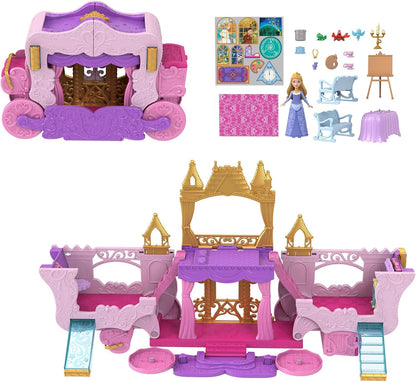 Mattel Conjunto de Brinquedo Disney Princess: Carruagem que se Transforma em Castelo | Inclui Boneca Pequena Articulada da Aurora e Conjunto 2 em 1 com 4 Figuras de Personagens, Móveis e Acessórios – Inspirado nos Filmes, HWX17