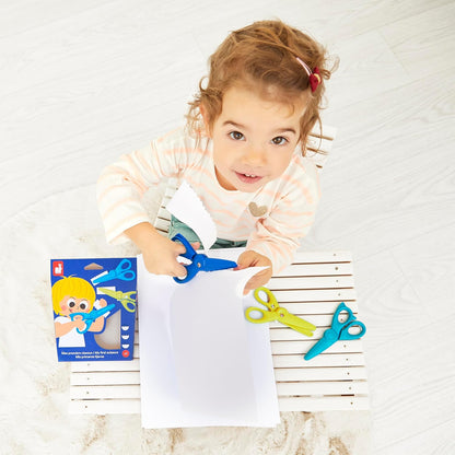 Janod - Conjunto de 3 tesouras com 3 formatos de corte - Pontas arredondadas e seguras - Lâminas de plástico - Ideal, Janod - Meus primeiros lápis de cera - 6 lápis de cera para bebês a partir de 12 meses - Adequado
