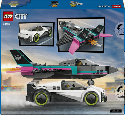 LEGO City Jato vs. Carro - Kit de Construção com Avião, Supercarro e Minifiguras de Piloto e Motorista - Ideia de Presente de Aniversário Criativa para Meninos a partir de 6 Anos - 60489