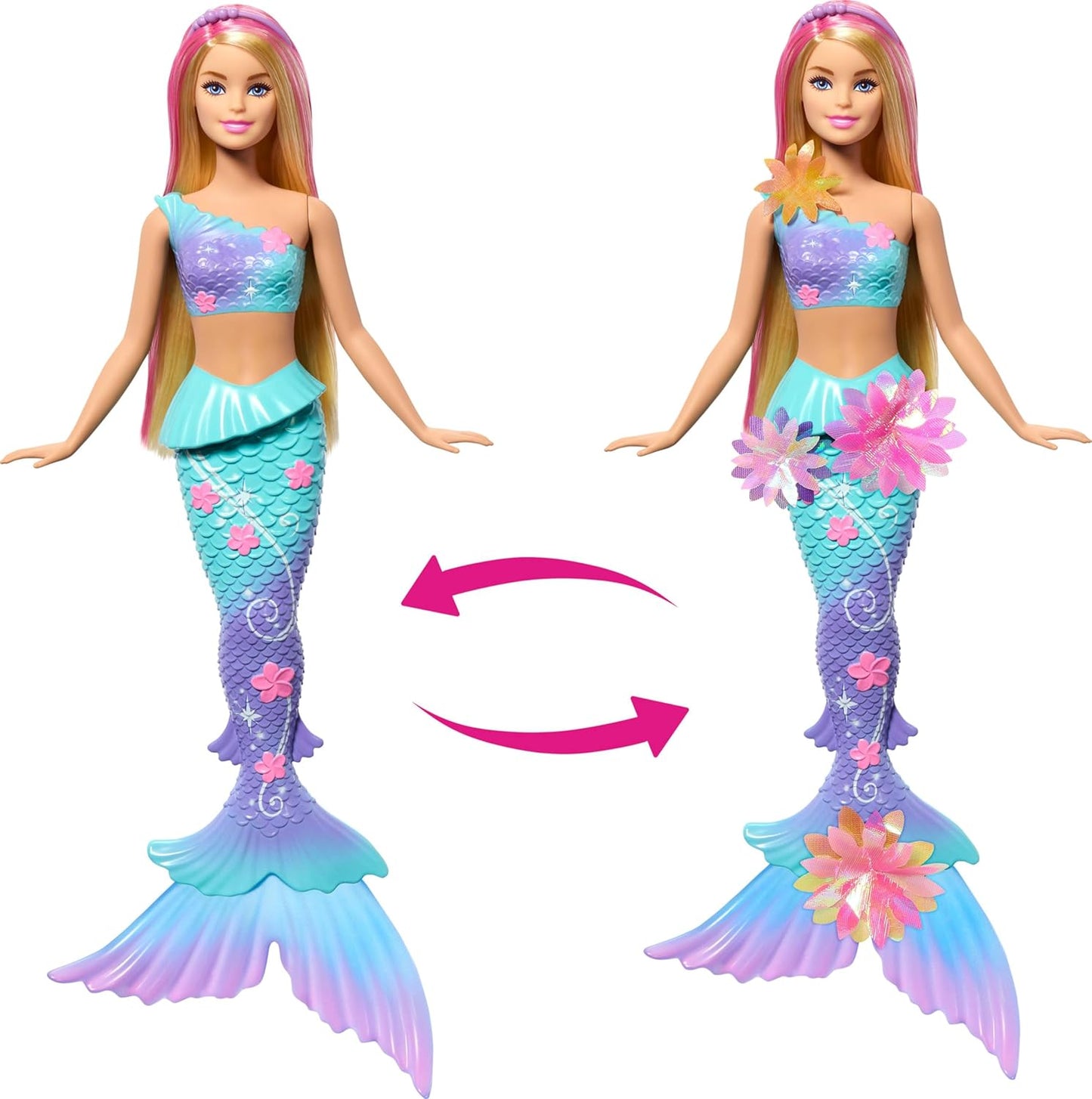 Barbie Boneca Sereia com Flores Mágicas Surpresa, Cauda Ombré, Tiara de Pérolas e Cabelo Loiro Longo com Mechas Rosa, JDM72
