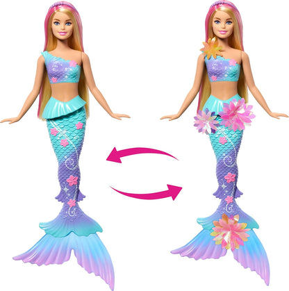 Barbie Boneca Sereia com Flores Mágicas Surpresa, Cauda Ombré, Tiara de Pérolas e Cabelo Loiro Longo com Mechas Rosa, JDM72