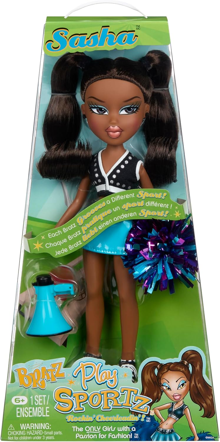 Bratz Boneca Play Sportz Sasha, líder de torcida, com acessórios, nas cores vermelha, branca e azul.