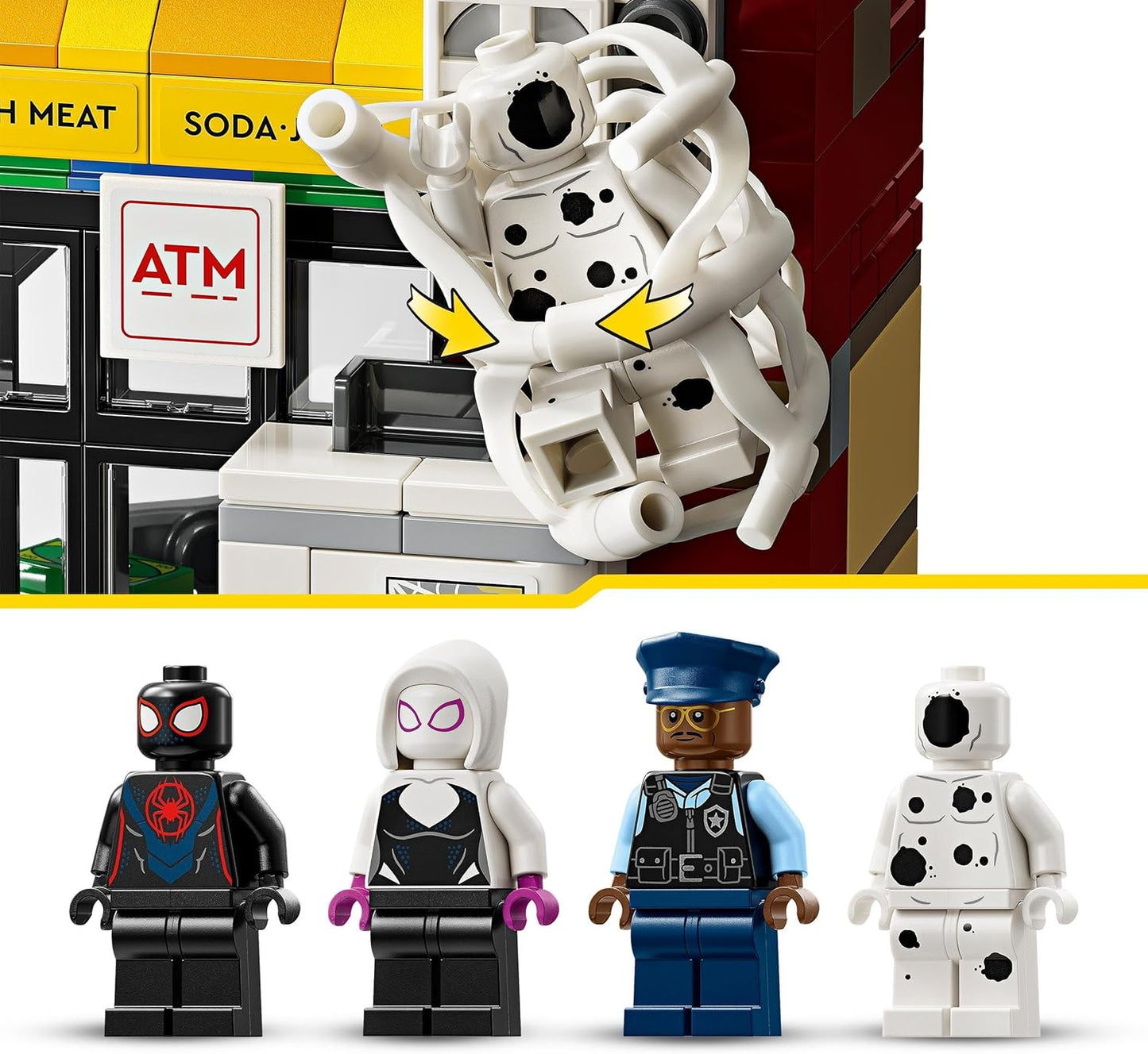 LEGO Marvel Spider-Verse: Miles Morales vs. The Spot - Playset de super-heróis com um carro de brinquedo montável, 4 minifiguras e uma loja - presente de aniversário para meninos e meninas de 9 anos ou mais