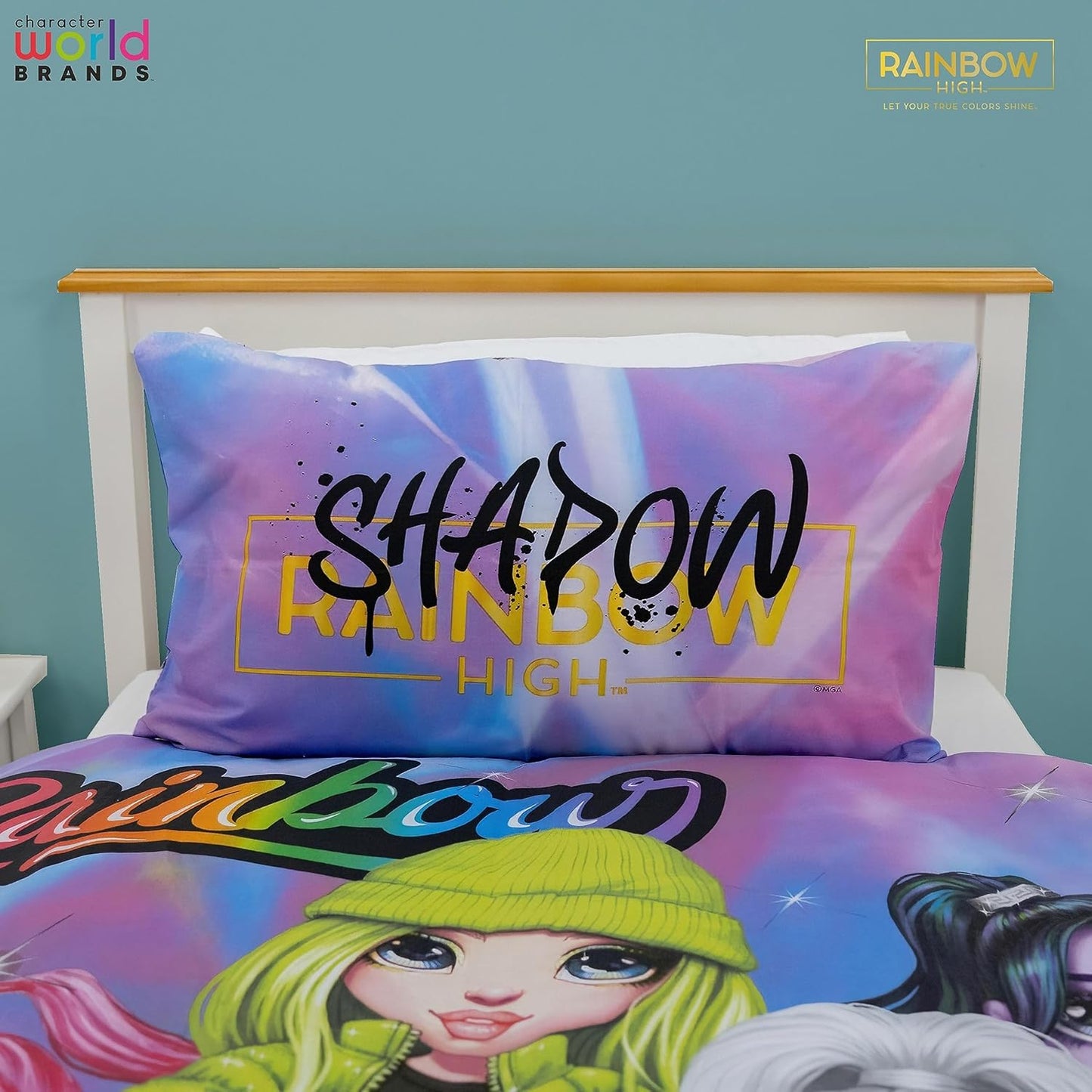 Conjunto de capa de edredom de solteiro oficial da Character World Rainbow High | Design das bonecas Shadow High | Roupa de cama reversível com fronha combinando | Conjunto para cama de solteiro