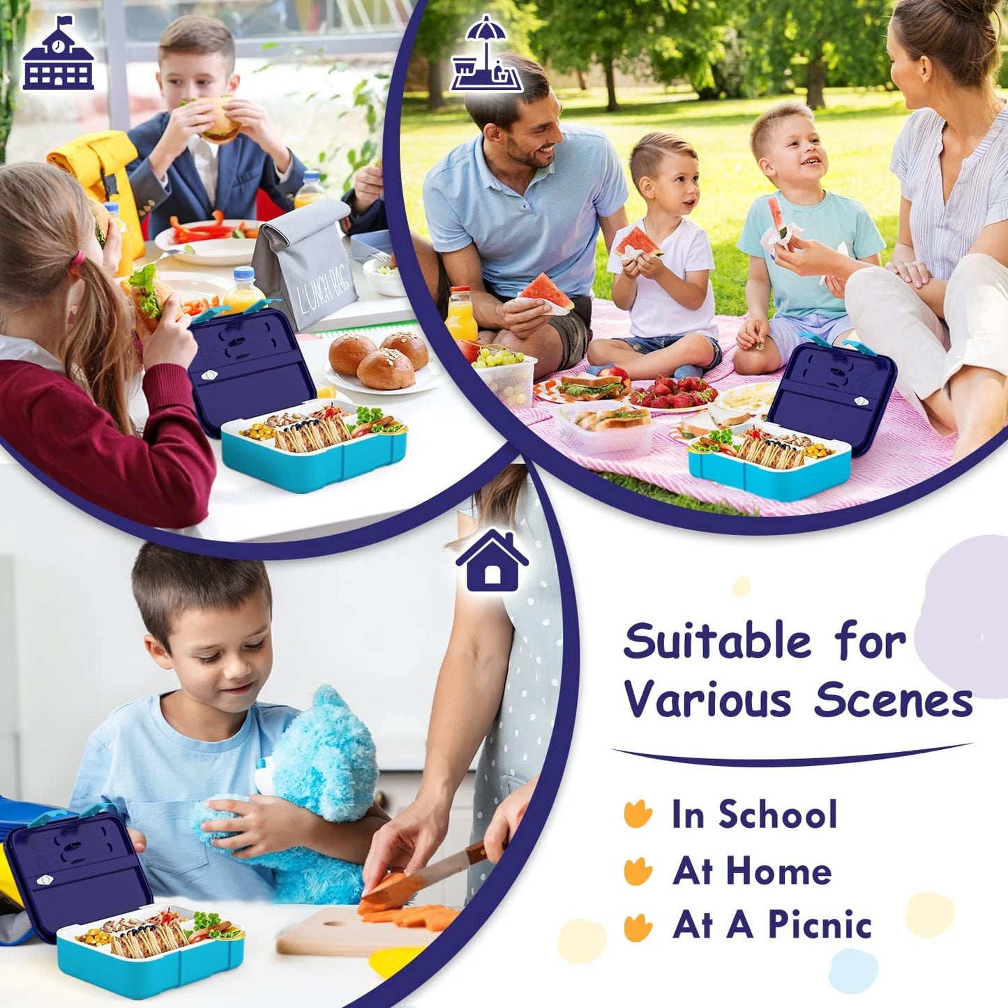 Lehoo Castle Lancheira infantil Bento, lancheira com 5 compartimentos, recipientes de almoço de 1,25L com pote de molho, colher e garfo para meninos e meninas, escola, à prova de vazamentos, sem BPA (dinossauro)