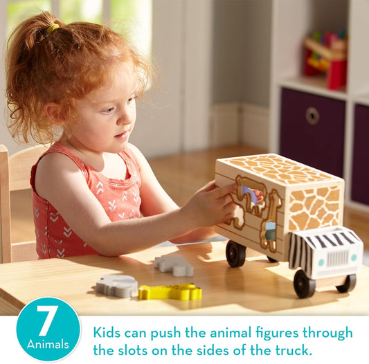 Melissa & Doug Caminhão de resgate classificador de formas de madeira com brinquedos de animais de zoológico e safari para crianças | Quebra-cabeças de madeira para crianças a partir de 2 anos | Criança montessoriana