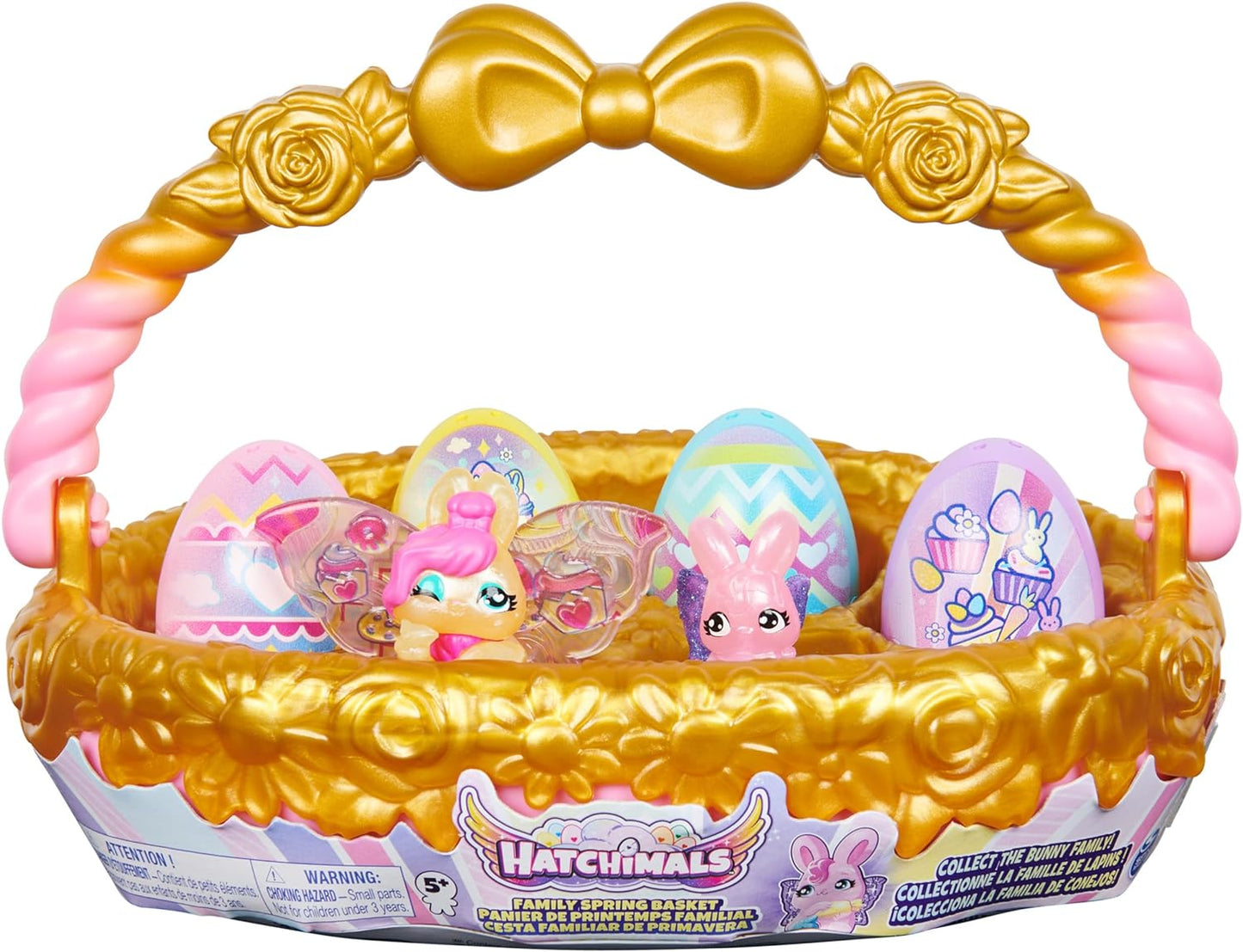 HATCHIMALS CollEGGtibles, Bunny Family Spring Basket (dourado/rosa) com 6 personagens, edição 2023, Spring Toy, brinquedos infantis para meninas a partir de 5 anos