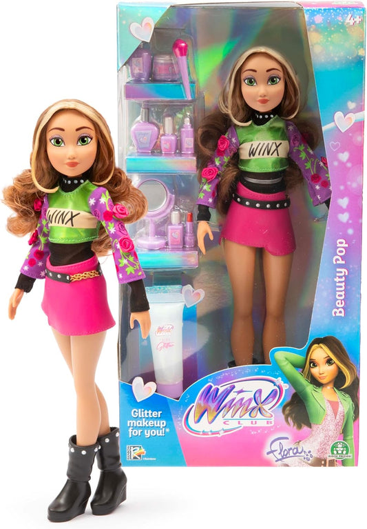 Winx Club Boneca Beauty Pop – Flora com Roupa de Show Fashion e Gel com Glitter – Boneca Fada Totalmente Articulada com Acessórios de Beleza – Brinquedo Oficial para Meninas – A partir de 4 Anos