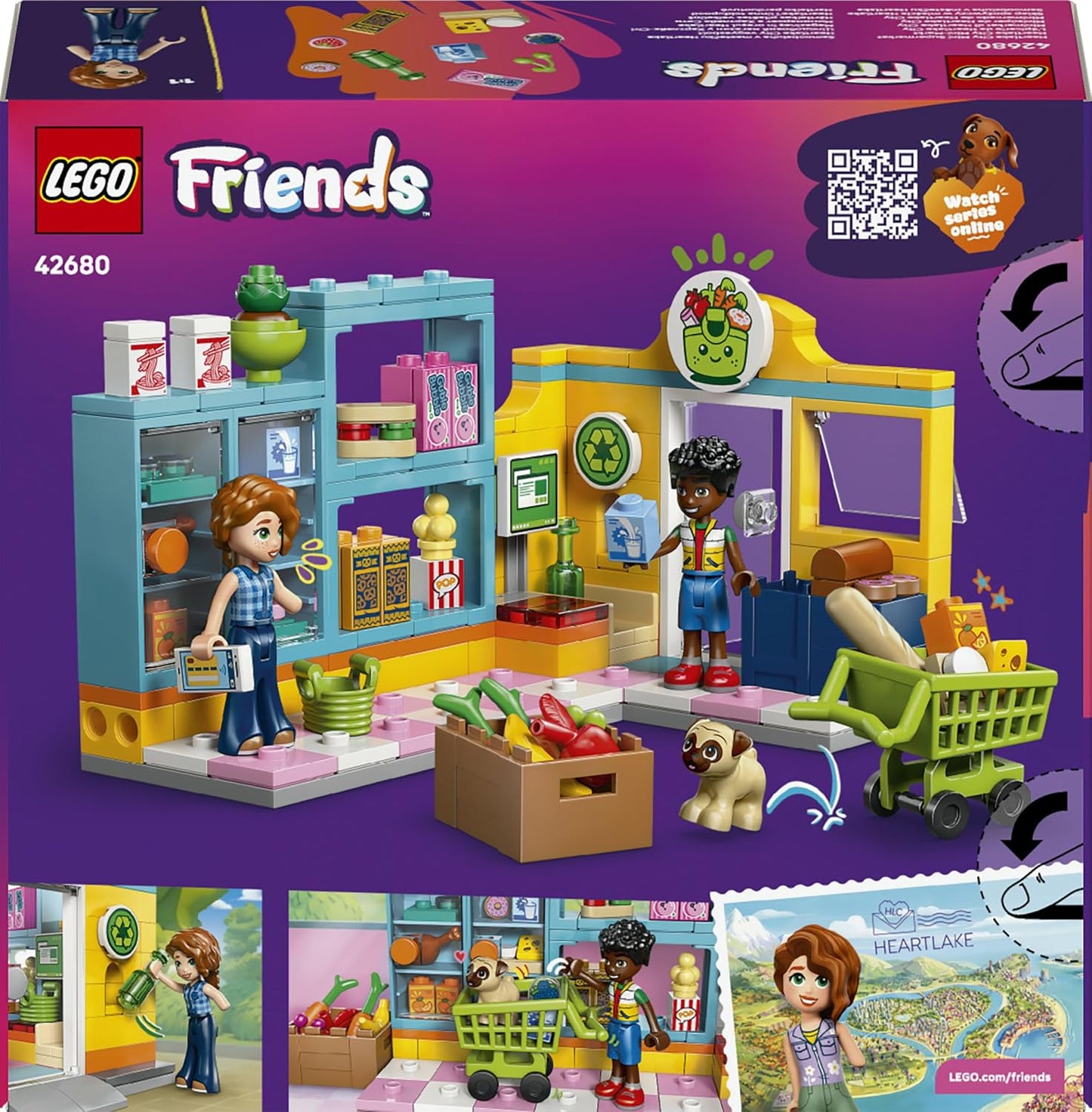LEGO Friends Mini Supermercado de Heartlake City - Loja de Brinquedos com 2 Mini Bonecas, Figura de Cachorro de Estimação, Caixa Registradora e Acessórios de Comida de Brinquedo - Presente de Aniversário para Meninas a partir de 5 Anos - 42680