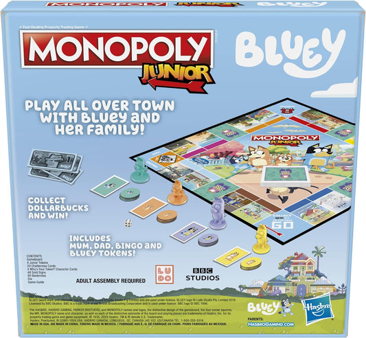Monopoly Hasbro Gaming Monopoly Junior: Juego de mesa Bluey Edition para niños de 5 años en adelante, juega como Bluey, Bingo, mamá y papá, presenta arte de la serie animada (exclusivo de Amazon)