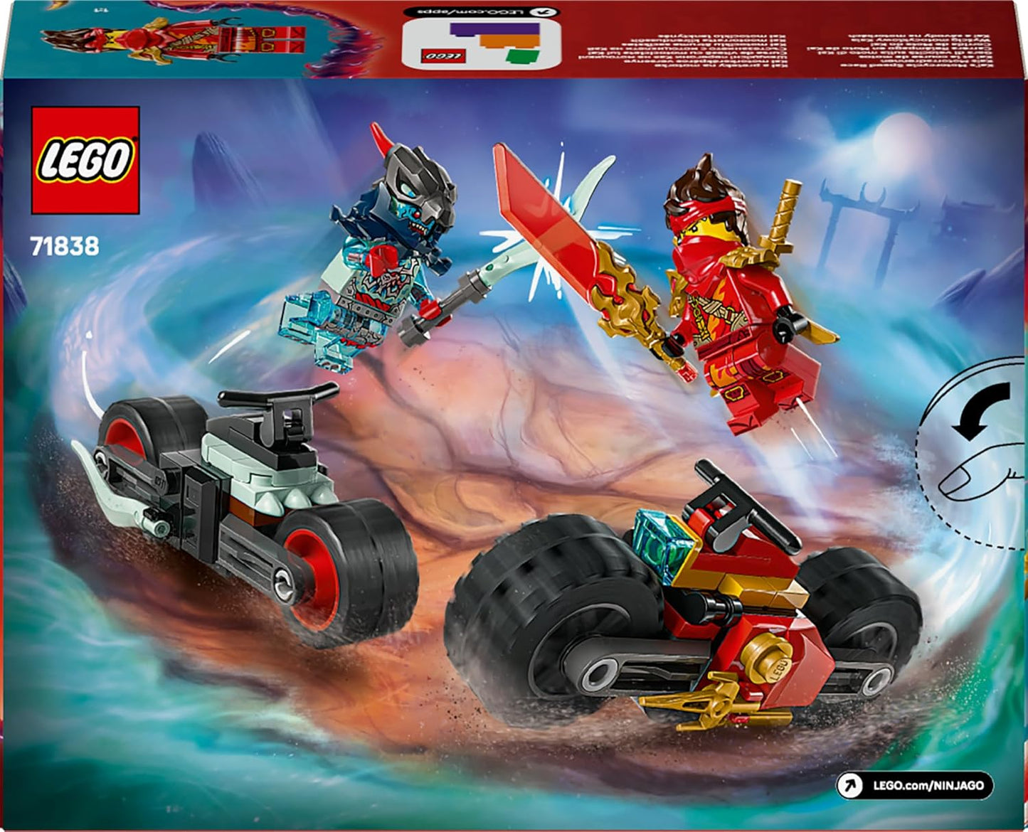 LEGO Conjunto de Corrida de Motocicleta NINJAGO Kai - 2 Brinquedos de Moto Ninja com Rodas Giratórias e 2 Minifiguras com Acessórios de Armas - Presente para Meninos a partir de 6 Anos e Fãs de Dragons Rising - 71838