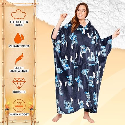 Disney Stitch Blanket Hoodie para mulheres e adolescentes - Poncho de lã grande e aconchegante, tamanho único, capuz Sherpa - Stitch Gifts Navy