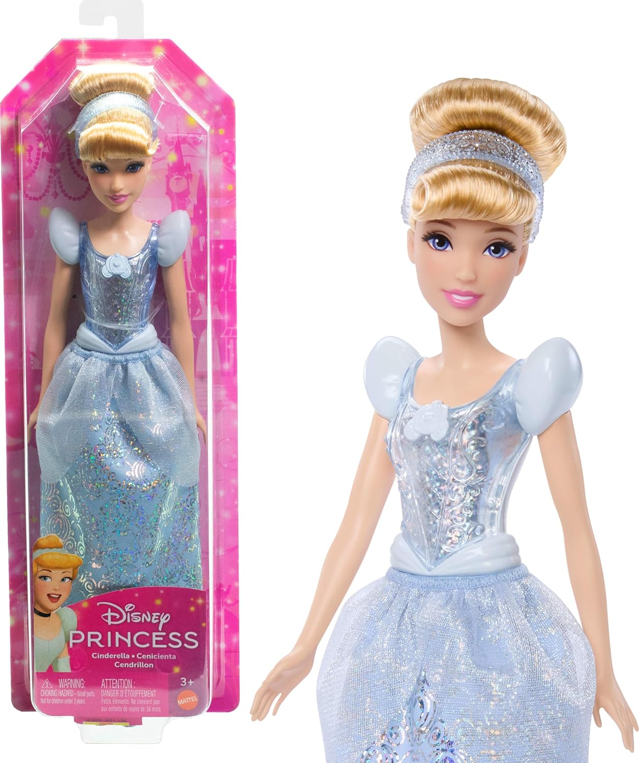 Mattel Boneca Disney Princess Cinderela da com Visual Clássico | Moda Brilhante com Saia, Tiara e Sapatos Removíveis; Articulada e Colecionável; Inspirada no Filme da Disney, HLW06