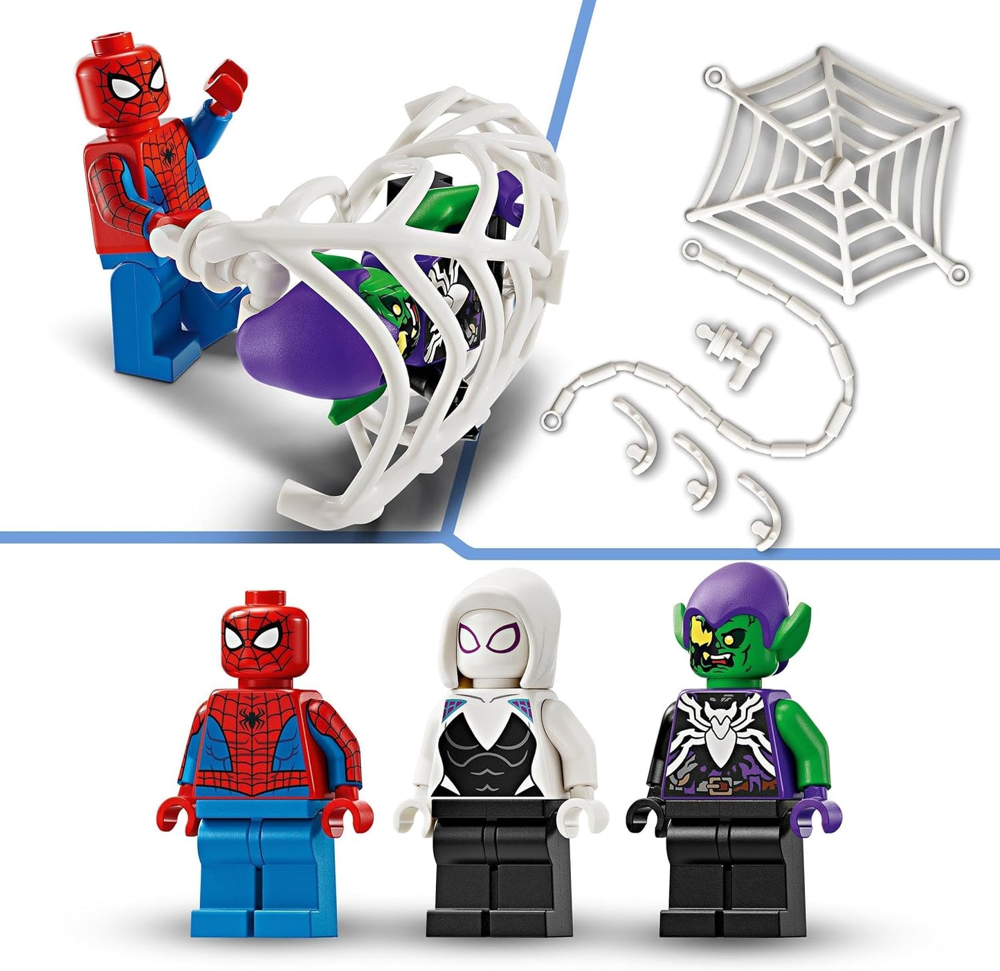 LEGO Carro de corrida do Homem-Aranha da Marvel e Duende Verde Venom, brinquedos de construção de super-heróis para meninos e meninas com uma minifigura do Aranha, além de um veículo de brinquedo montável e atiradores