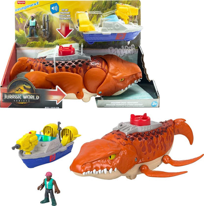 Fisher-Price Imaginext Jurassic World Rebirth Aquachomp Chase Mosasaurus - Brinquedo de dinossauro de 45 cm com figura de ação de 7,5 cm, barco lançador e 2 projéteis, JFR23
