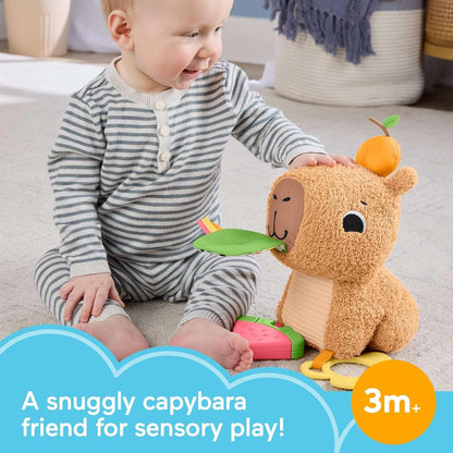 Fisher-Price Brinquedo sensorial para bebês, Capivara de pelúcia Snuggly Snacky com mordedor e chocalho para bebês a partir de 3 meses, HYR54