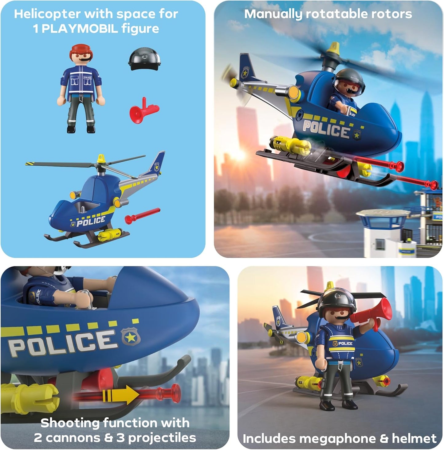Playmobil Helicóptero de Polícia City Action, com policial, rotores giratórios e função de disparo, diversão sem fim, brinquedo para crianças a partir de 4 anos, 72080