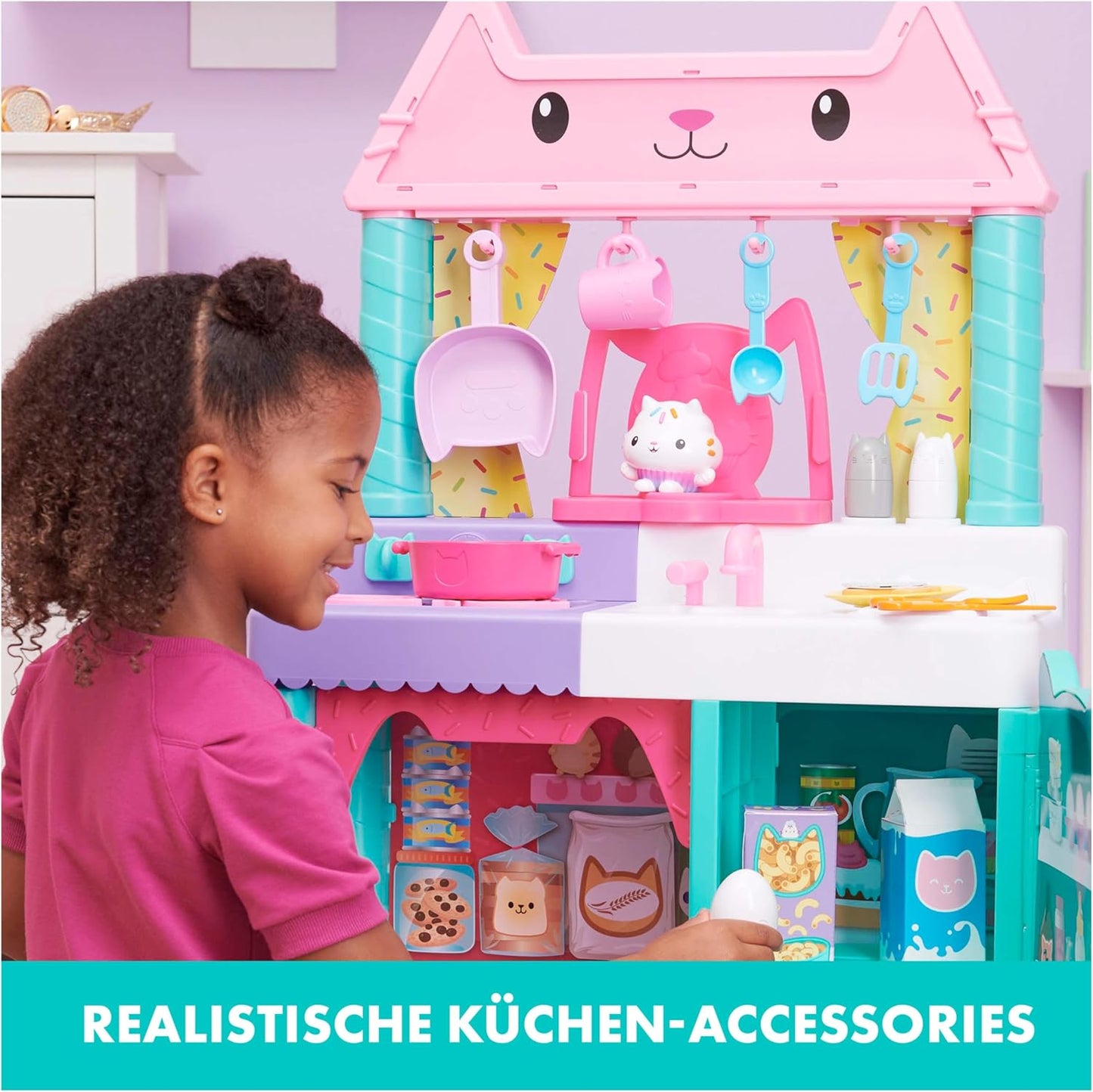 Gabby’s Dollhouse, Cozinha de Brinquedo Cakey para Crianças com Acessórios de Cozinha, Comidinhas de Brinquedo, Sons, Música e Brinquedos para Meninas e Meninos a partir de 3 Anos