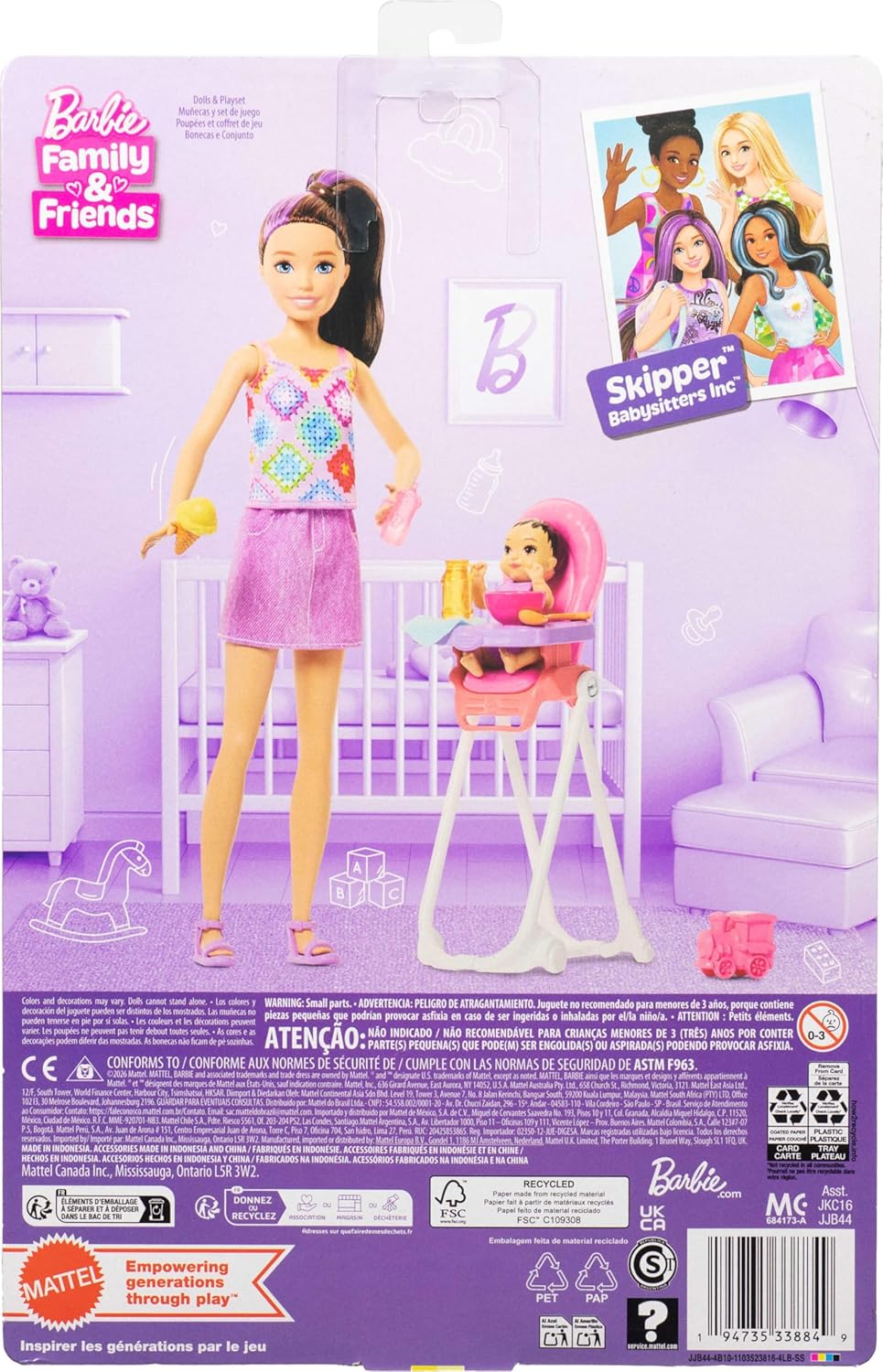 Barbie Conjunto Skipper Babysitters Inc. com boneca morena, boneca bebê morena, cadeirão e 8 acessórios, incluindo comida, JJB44
